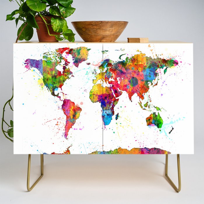 Map of the World Map Watercolor Credenza Gallery Image 1