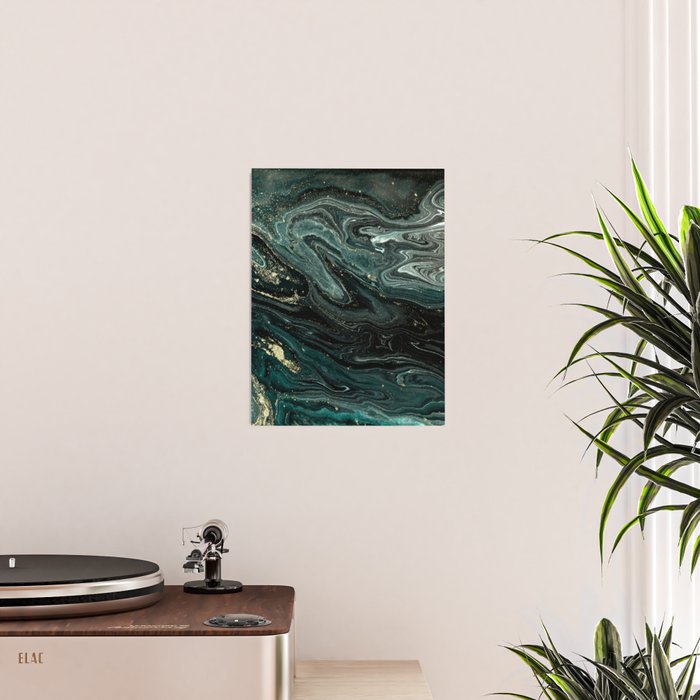 Abstract Pour Painting Liquid Marble Abstract Dark Green Painting Gold Accent Agate Stone Layers Poster Gallery Image 2