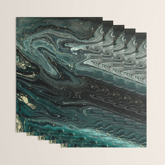 Abstract Pour Painting Liquid Marble Abstract Dark Green Painting Gold Accent Agate Stone Layers Wrapping Paper Gallery Image 3