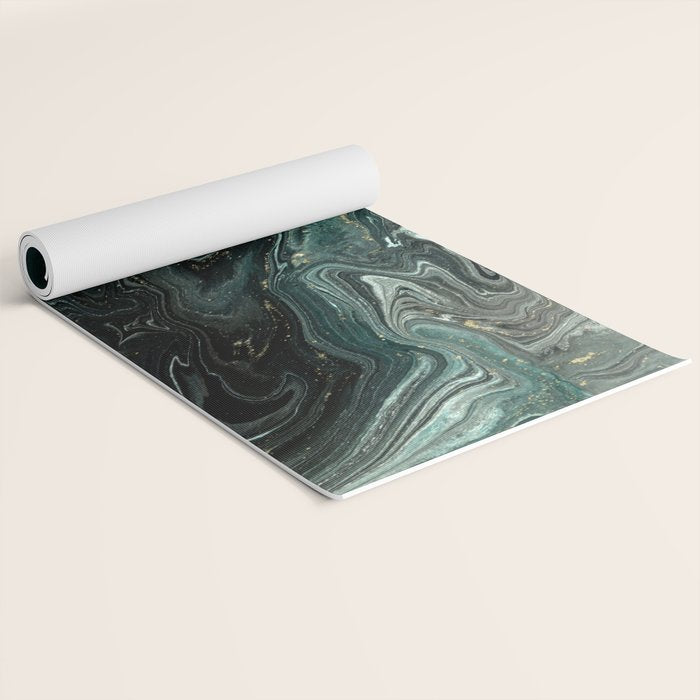 Abstract Pour Painting Liquid Marble Abstract Dark Green Painting Gold Accent Agate Stone Layers Yoga Mat Gallery Image 2