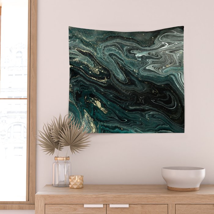 Abstract Pour Painting Liquid Marble Abstract Dark Green Painting Gold Accent Agate Stone Layers Wall Tapestry Gallery Image 2