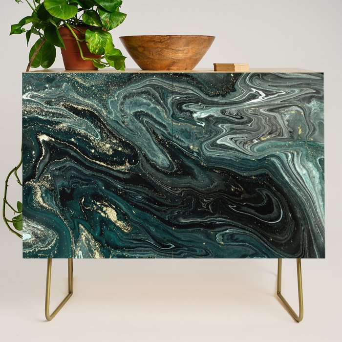 Abstract Pour Painting Liquid Marble Abstract Dark Green Painting Gold Accent Agate Stone Layers Credenza Gallery Image 1