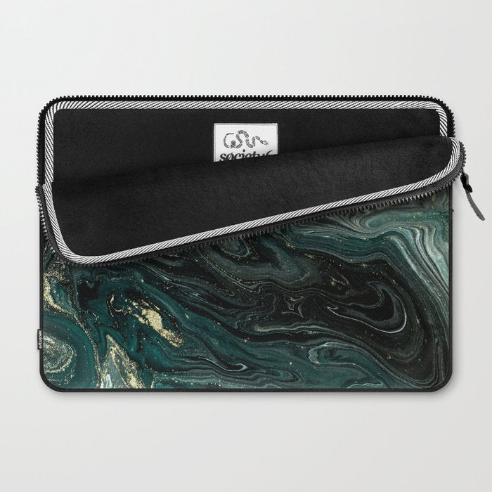 Abstract Pour Painting Liquid Marble Abstract Dark Green Painting Gold Accent Agate Stone Layers Laptop Sleeve Gallery Image 2