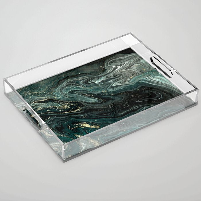 Abstract Pour Painting Liquid Marble Abstract Dark Green Painting Gold Accent Agate Stone Layers Acrylic Tray Gallery Image 1