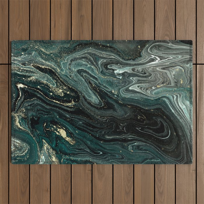 Abstract Pour Painting Liquid Marble Abstract Dark Green Painting Gold Accent Agate Stone Layers Outdoor Rug Gallery Image 1