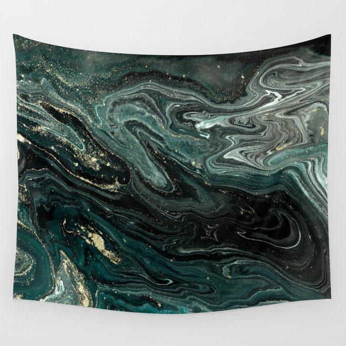 Abstract Pour Painting Liquid Marble Abstract Dark Green Painting Gold Accent Agate Stone Layers Wall Tapestry Gallery Image 4