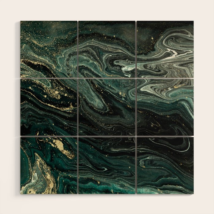 Abstract Pour Painting Liquid Marble Abstract Dark Green Painting Gold Accent Agate Stone Layers Wood Wall Art Gallery Image 1