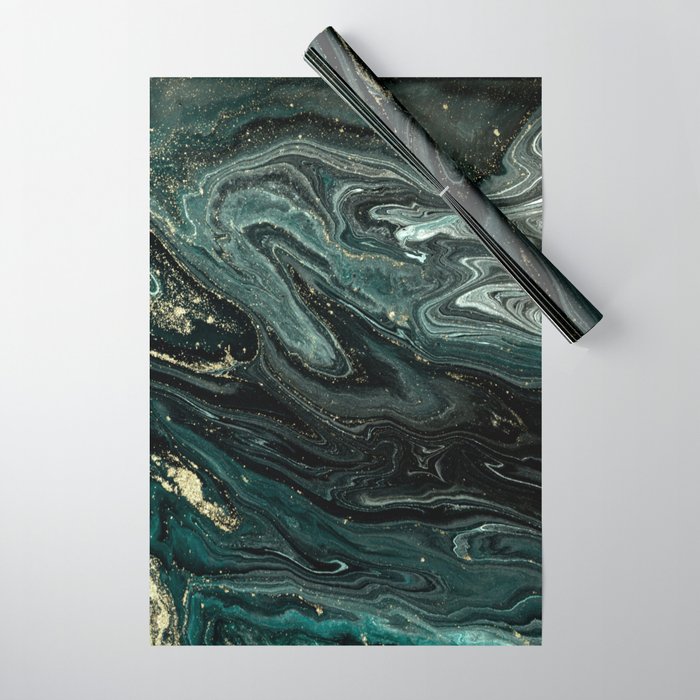 Abstract Pour Painting Liquid Marble Abstract Dark Green Painting Gold Accent Agate Stone Layers Wrapping Paper Gallery Image 1