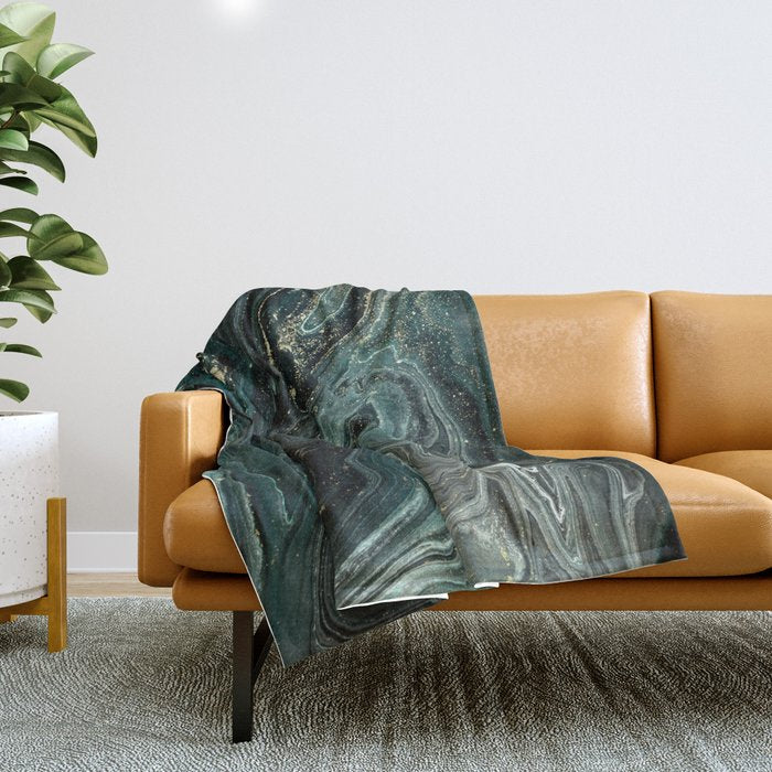 Abstract Pour Painting Liquid Marble Abstract Dark Green Painting Gold Accent Agate Stone Layers Throw Blanket Gallery Image 1