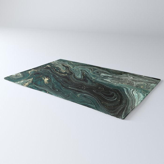 Abstract Pour Painting Liquid Marble Abstract Dark Green Painting Gold Accent Agate Stone Layers Rug Gallery Image 3