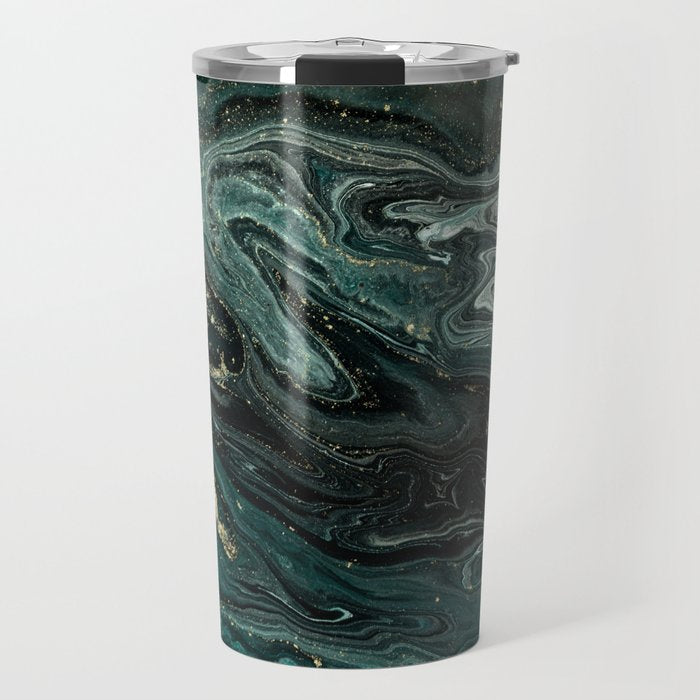 Abstract Pour Painting Liquid Marble Abstract Dark Green Painting Gold Accent Agate Stone Layers Travel Mug Gallery Image 1