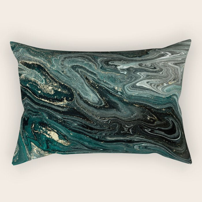 Abstract Pour Painting Liquid Marble Abstract Dark Green Painting Gold Accent Agate Stone Layers Rectangular Pillow Gallery Image 1