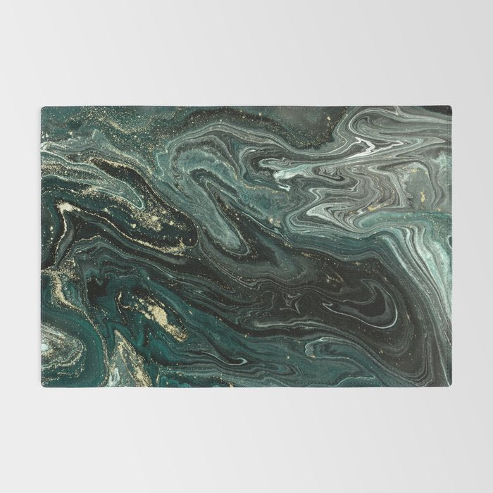 Abstract Pour Painting Liquid Marble Abstract Dark Green Painting Gold Accent Agate Stone Layers Rug Gallery Image 2