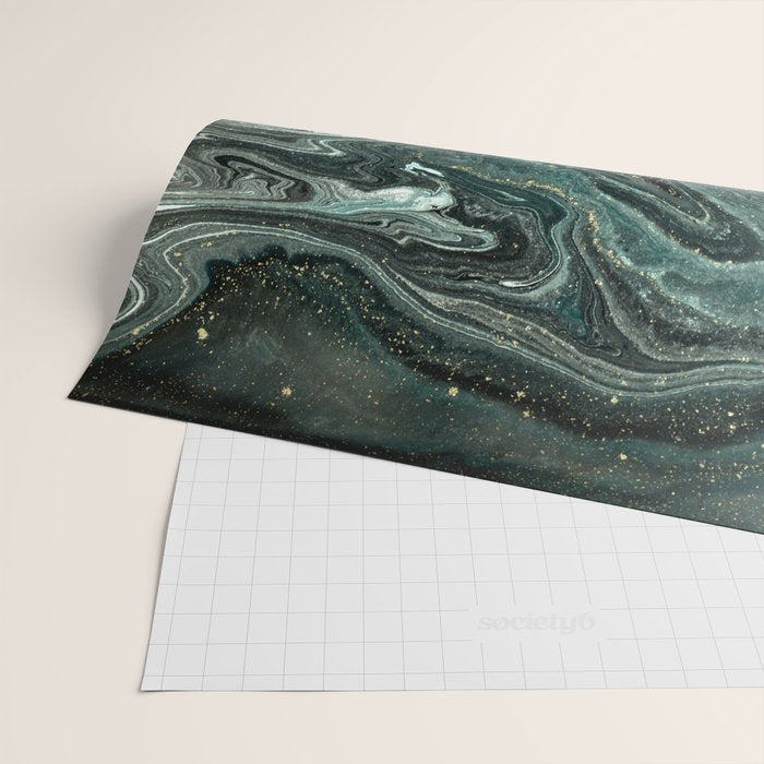 Abstract Pour Painting Liquid Marble Abstract Dark Green Painting Gold Accent Agate Stone Layers Wrapping Paper Gallery Image 2