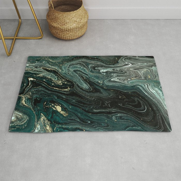 Abstract Pour Painting Liquid Marble Abstract Dark Green Painting Gold Accent Agate Stone Layers Rug Gallery Image 1