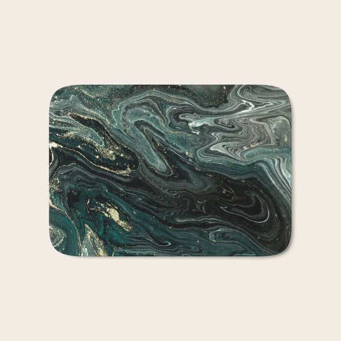 Abstract Pour Painting Liquid Marble Abstract Dark Green Painting Gold Accent Agate Stone Layers Bath Mat Gallery Image 1