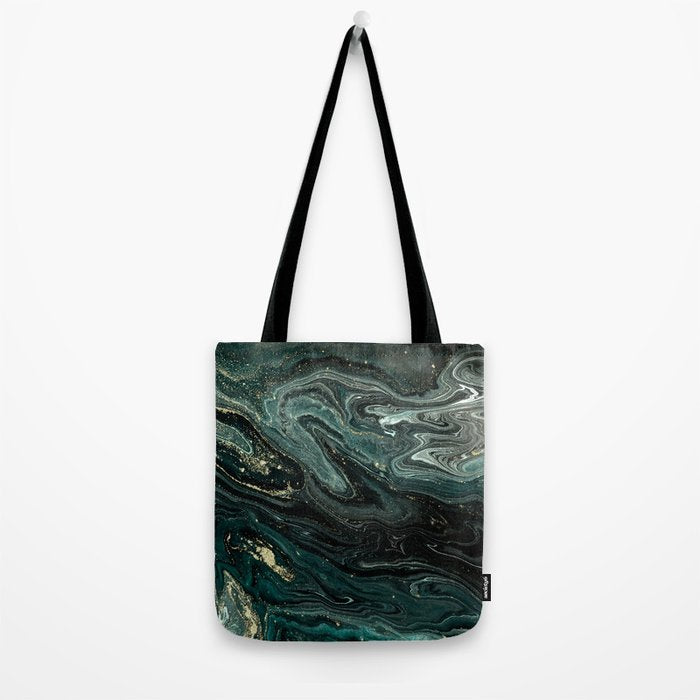 Abstract Pour Painting Liquid Marble Abstract Dark Green Painting Gold Accent Agate Stone Layers Tote Bag Gallery Image 2