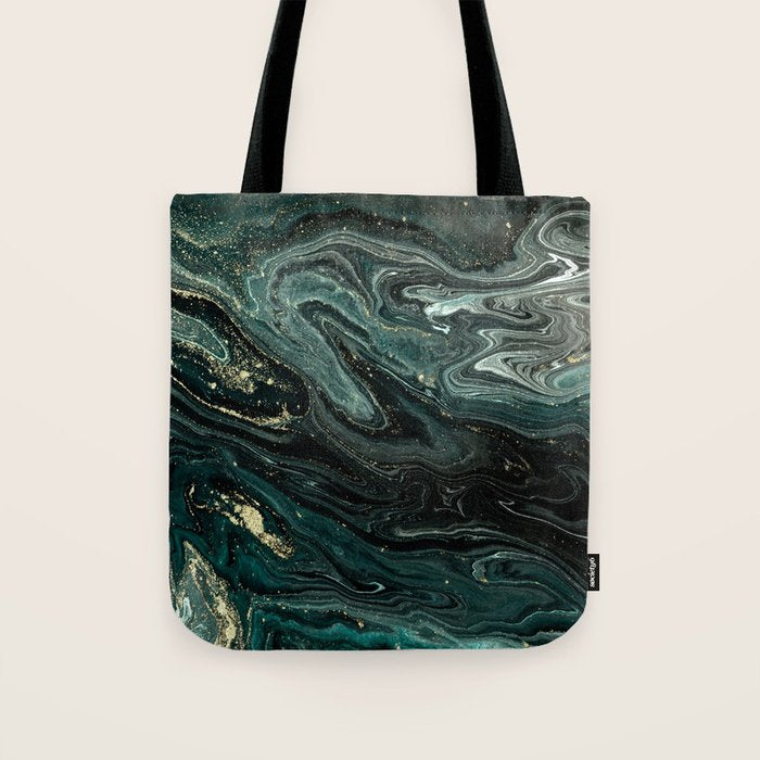 Abstract Pour Painting Liquid Marble Abstract Dark Green Painting Gold Accent Agate Stone Layers Tote Bag Gallery Image 1
