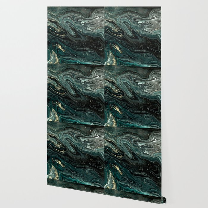 Abstract Pour Painting Liquid Marble Abstract Dark Green Painting Gold Accent Agate Stone Layers Wallpaper Gallery Image 2