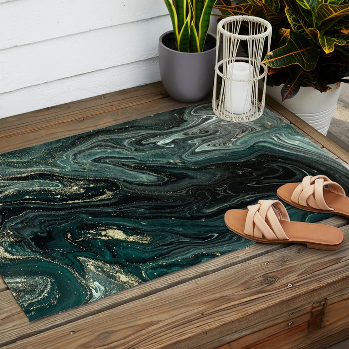 Abstract Pour Painting Liquid Marble Abstract Dark Green Painting Gold Accent Agate Stone Layers Outdoor Rug Gallery Image 2