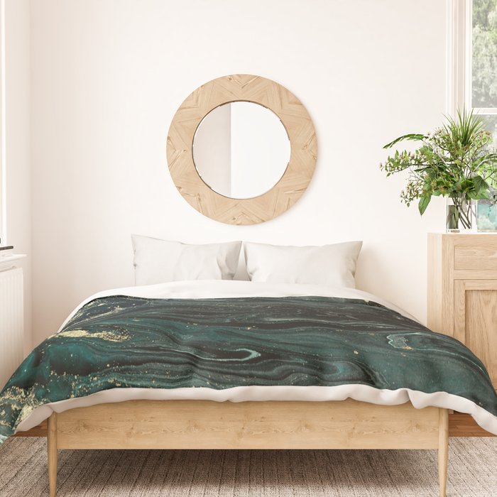 Abstract Pour Painting Liquid Marble Abstract Dark Green Painting Gold Accent Agate Stone Layers Duvet Cover Gallery Image 3