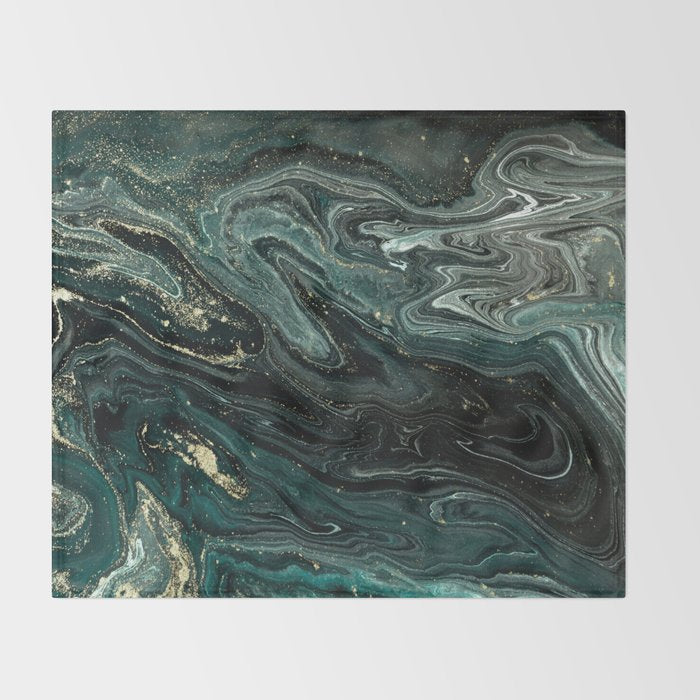 Abstract Pour Painting Liquid Marble Abstract Dark Green Painting Gold Accent Agate Stone Layers Throw Blanket Gallery Image 2