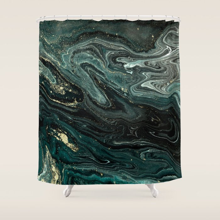 Abstract Pour Painting Liquid Marble Abstract Dark Green Painting Gold Accent Agate Stone Layers Shower Curtain Gallery Image 1
