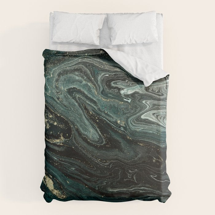 Abstract Pour Painting Liquid Marble Abstract Dark Green Painting Gold Accent Agate Stone Layers Duvet Cover Gallery Image 6