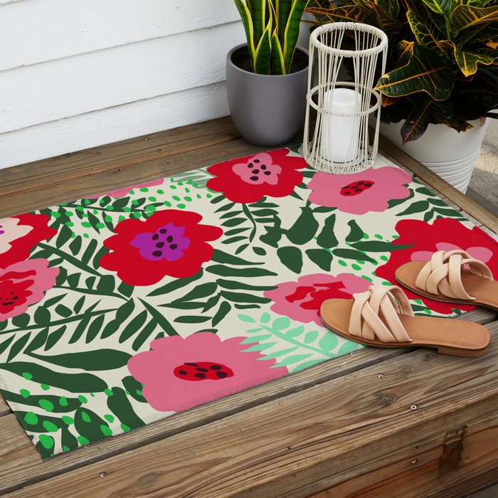 color matters: happy florals in pink light backround Outdoor Rug Gallery Image 2