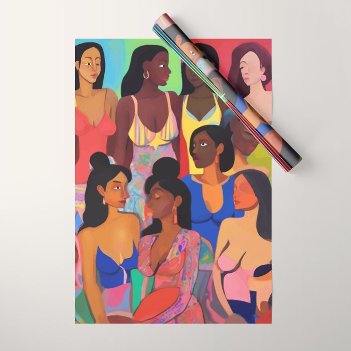 Identities, Woman Equality Human Rights, Female Individuality Feminist People, Friends Eclectic Bohemian Fashion Rustic Support System Painting  Wrapping Paper Gallery Image 1