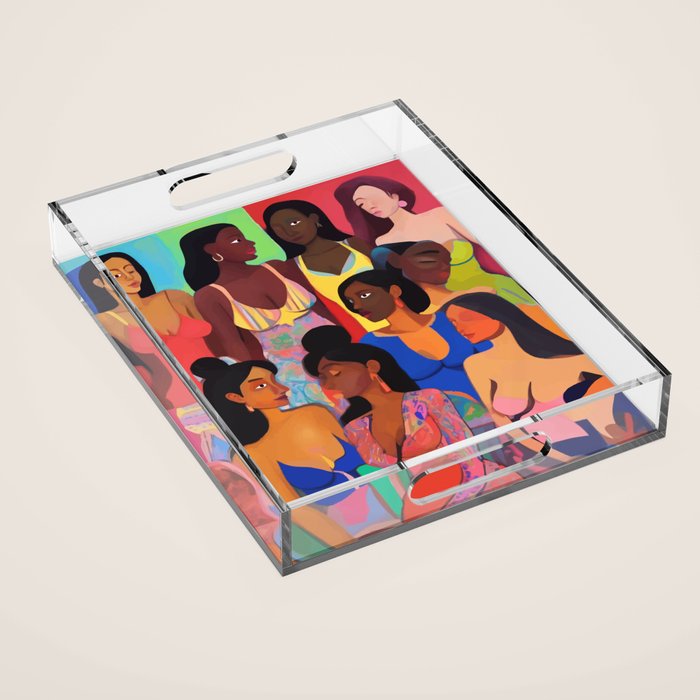 Identities, Woman Equality Human Rights, Female Individuality Feminist People, Friends Eclectic Bohemian Fashion Rustic Support System Painting  Acrylic Tray Gallery Image 1