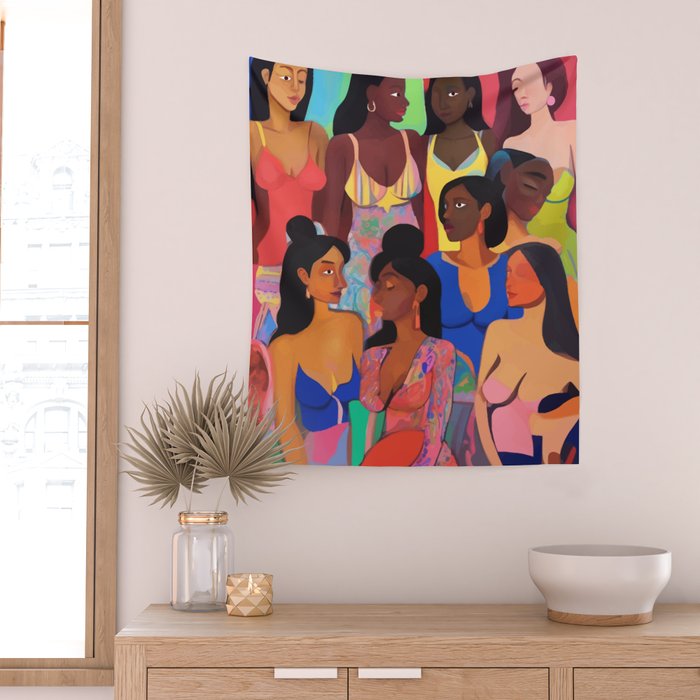 Identities, Woman Equality Human Rights, Female Individuality Feminist People, Friends Eclectic Bohemian Fashion Rustic Support System Painting  Wall Tapestry Gallery Image 2
