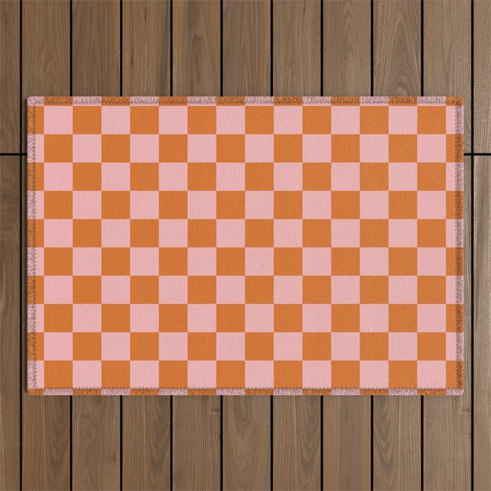 Checkerboard Mini Check Pattern in Pink and Orange Outdoor Rug Gallery Image 1