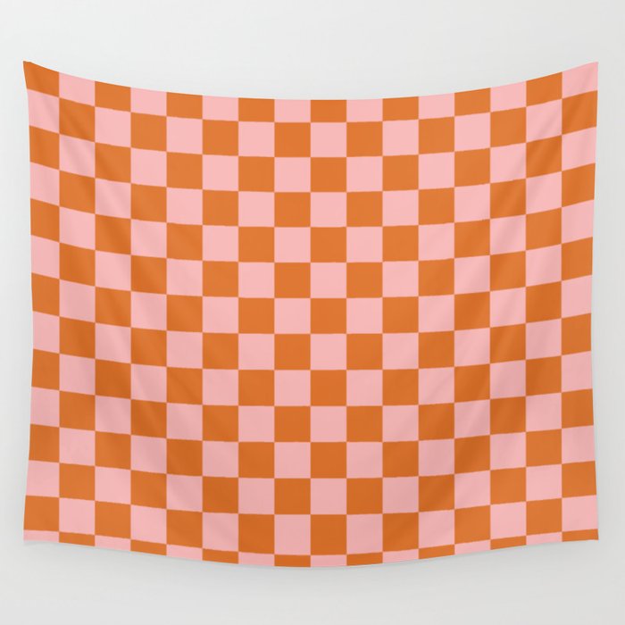 Checkerboard Mini Check Pattern in Pink and Orange Wall Tapestry Gallery Image 4