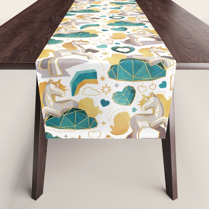 Kicking off some magic // white background white and grey unicorns aqua and mint hearts clouds and rainbows golden lines Table Runner Gallery Image 1