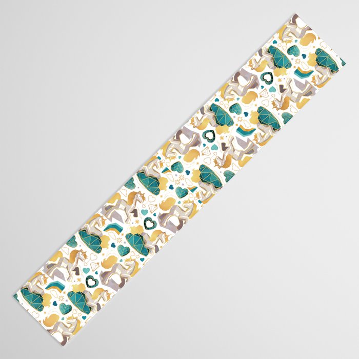 Kicking off some magic // white background white and grey unicorns aqua and mint hearts clouds and rainbows golden lines Table Runner Gallery Image 3
