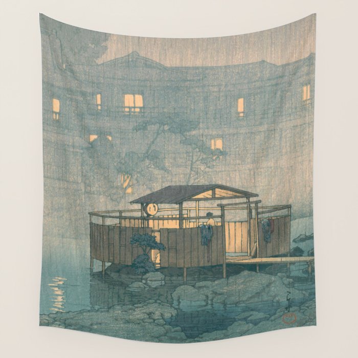 Rain At Shuzenji, Izu - Vintage Japanese Woodblock Print Art By Hasui Kawase Wall Tapestry Gallery Image 1