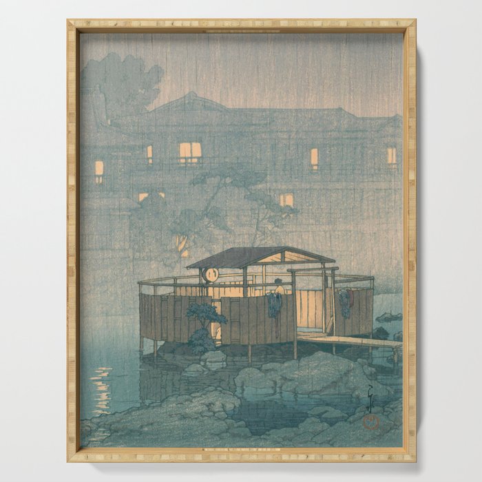 Rain At Shuzenji, Izu - Vintage Japanese Woodblock Print Art By Hasui Kawase Serving Tray Gallery Image 1