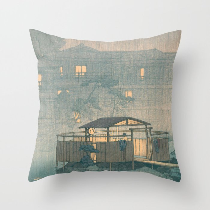Rain At Shuzenji, Izu - Vintage Japanese Woodblock Print Art By Hasui Kawase Throw Pillow Gallery Image 1