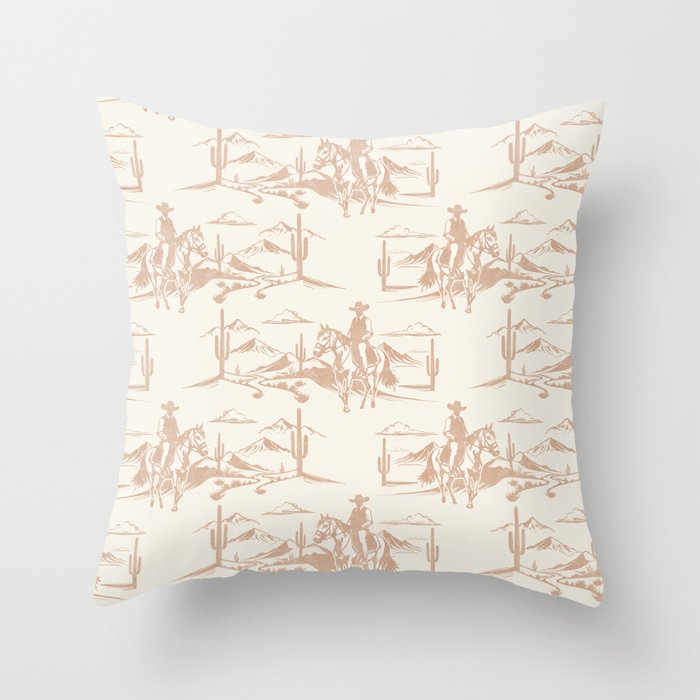 Southwestern Cowboy Toile - Light Brown on Cream Throw Pillow Gallery Image 1