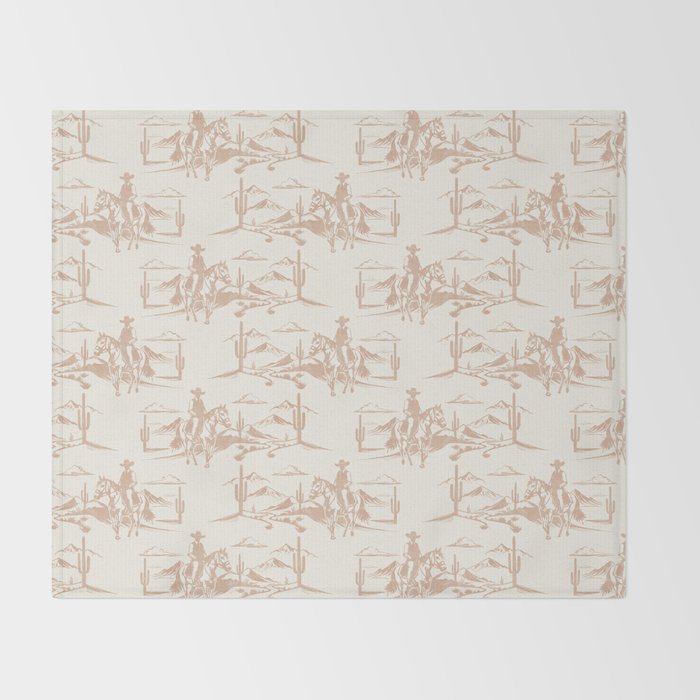 Southwestern Cowboy Toile - Light Brown on Cream Throw Blanket Gallery Image 2