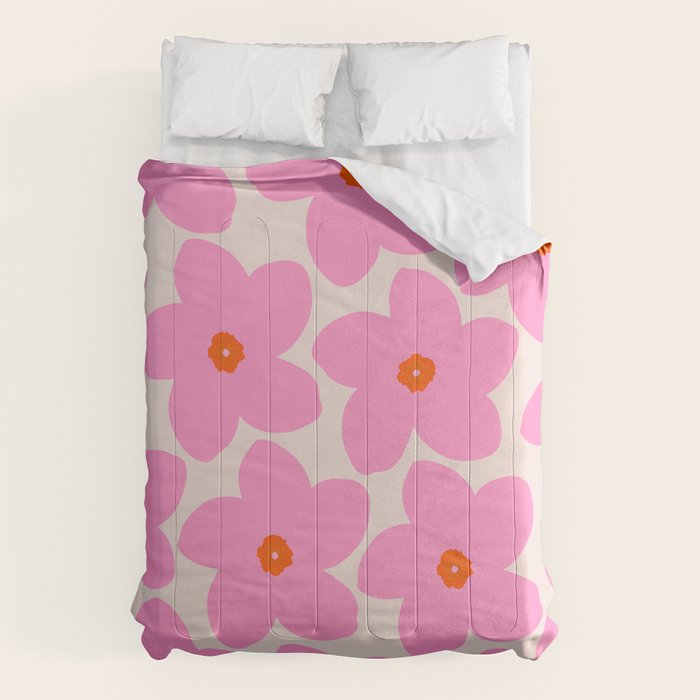 Abstract Retro Flower Pink Orange And Neutral Print Preppy Modern Floral Comforter Gallery Image 6