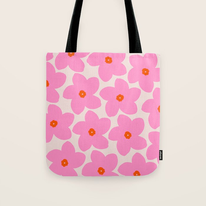 Abstract Retro Flower Pink Orange And Neutral Print Preppy Modern Floral Tote Bag Gallery Image 1