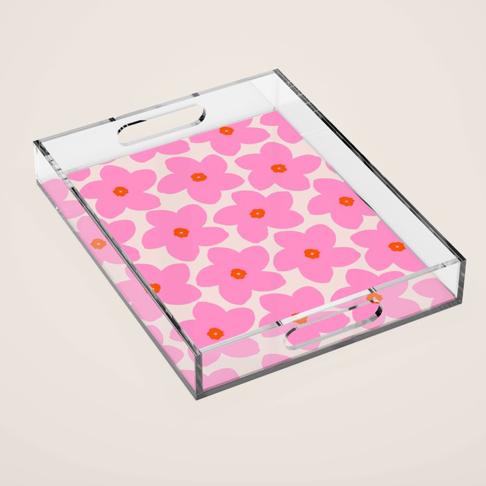 Abstract Retro Flower Pink Orange And Neutral Print Preppy Modern Floral Acrylic Tray Gallery Image 1
