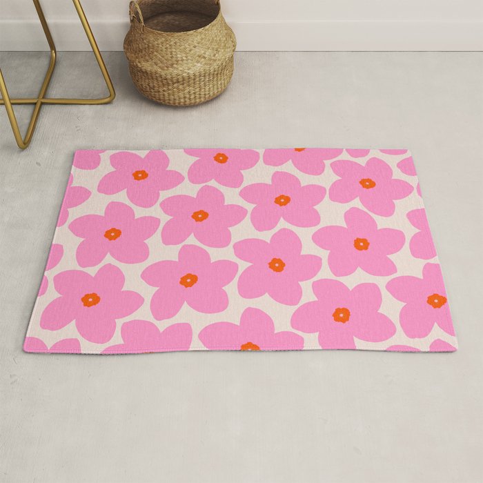 Abstract Retro Flower Pink Orange And Neutral Print Preppy Modern Floral Rug Gallery Image 1