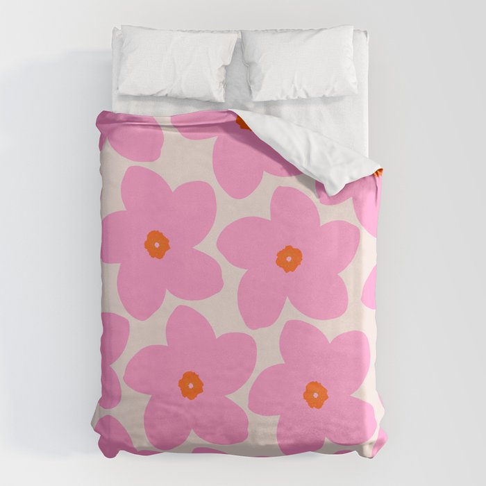 Abstract Retro Flower Pink Orange And Neutral Print Preppy Modern Floral Duvet Cover Gallery Image 1
