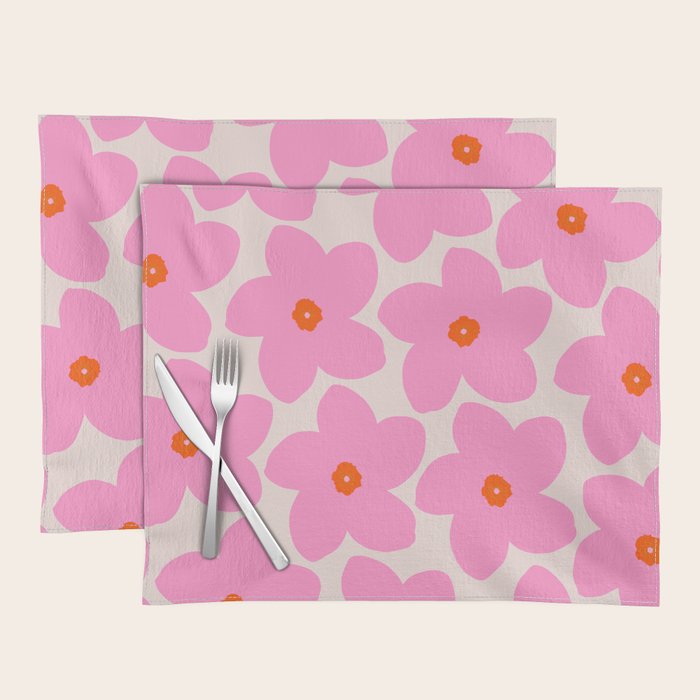 Abstract Retro Flower Pink Orange And Neutral Print Preppy Modern Floral Placemat Gallery Image 1