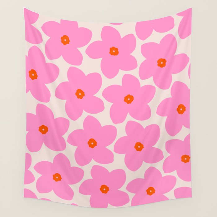 Abstract Retro Flower Pink Orange And Neutral Print Preppy Modern Floral Wall Tapestry Gallery Image 1