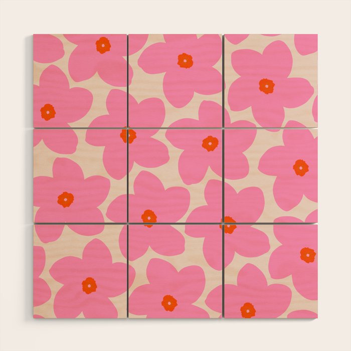 Abstract Retro Flower Pink Orange And Neutral Print Preppy Modern Floral Wood Wall Art Gallery Image 1