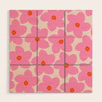 Abstract Retro Flower Pink Orange And Neutral Print Preppy Modern Floral Wood Wall Art Gallery Image 1